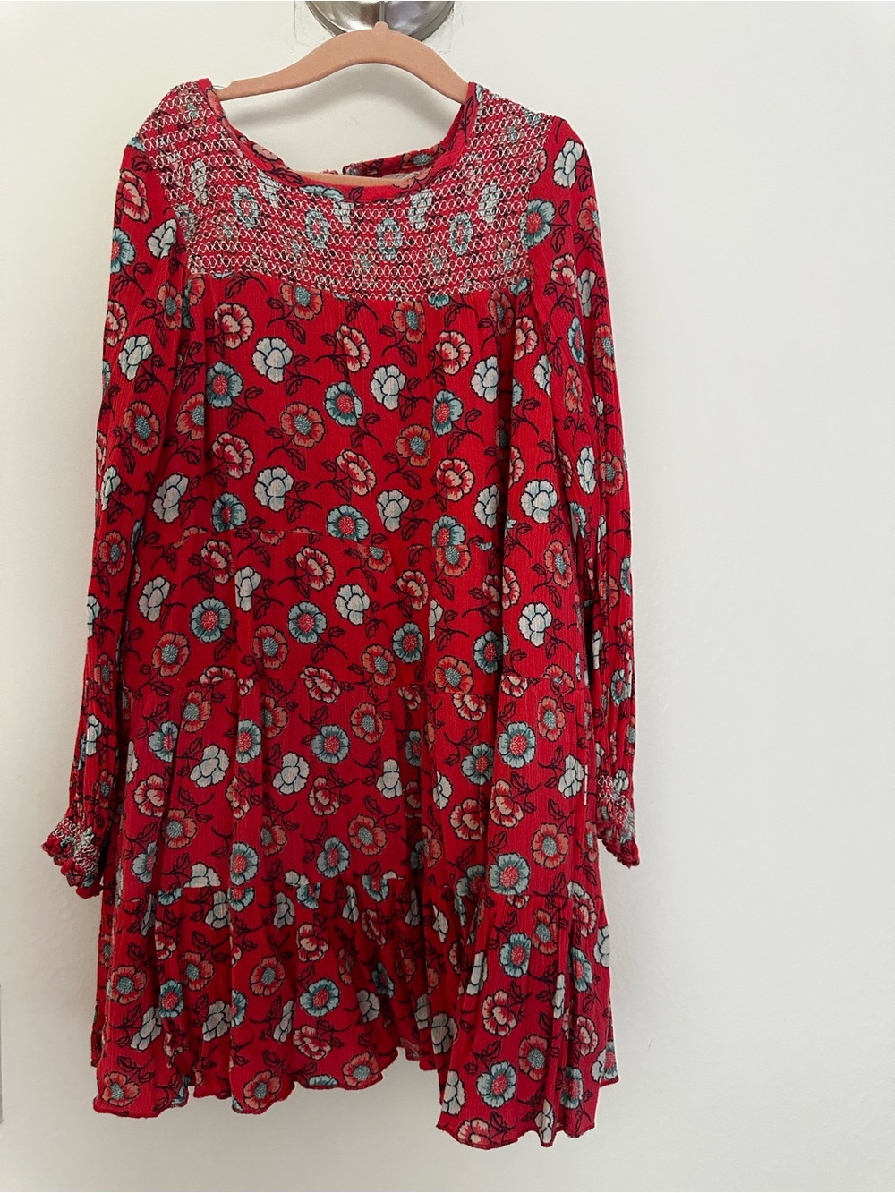 Peek muted red Floral Long-Sleeve Smocked Yoke Dress girls size 8